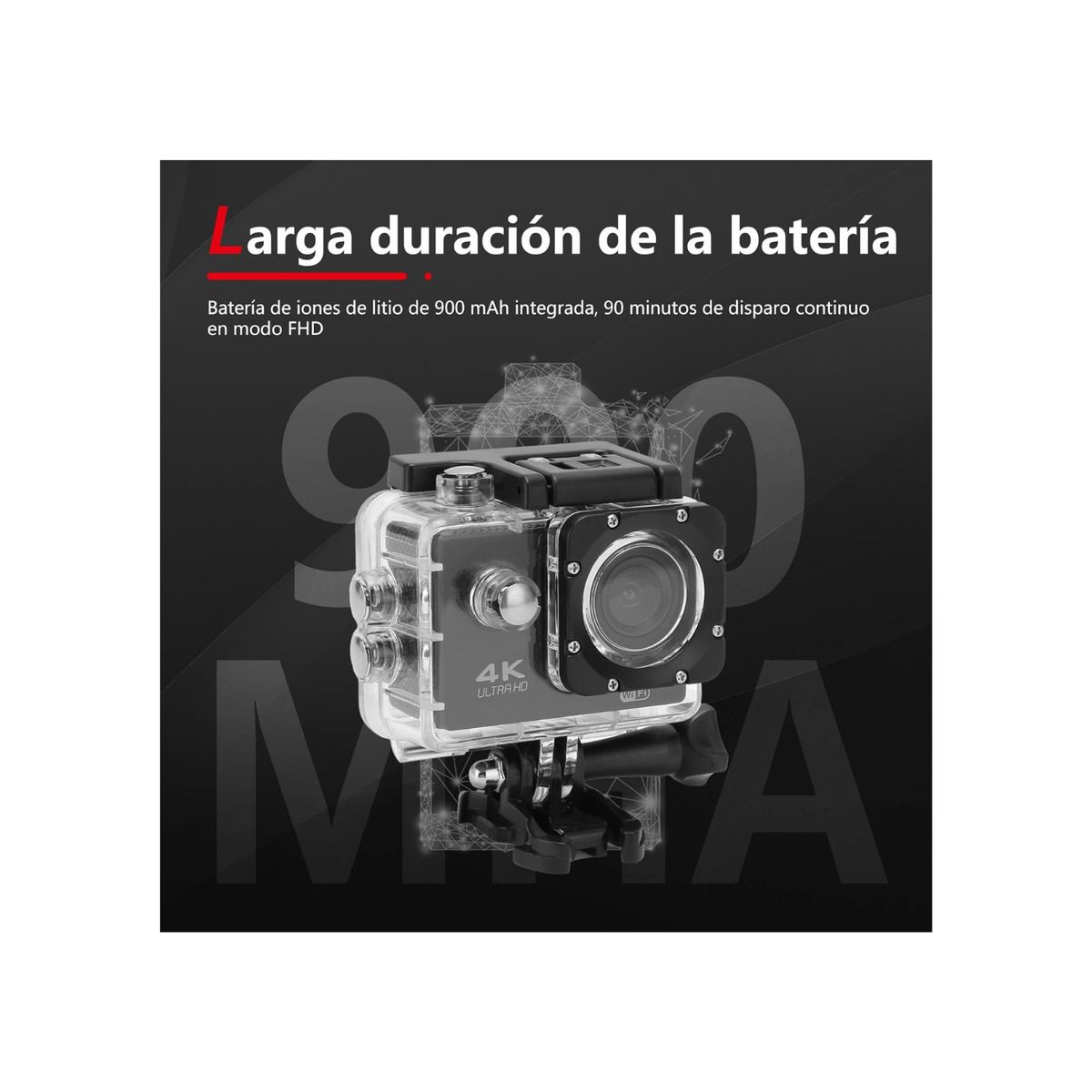 GENERICO - Cámara Deportiva 4k Wifi Full Hd Resistente Al Agua +batería Color Negro