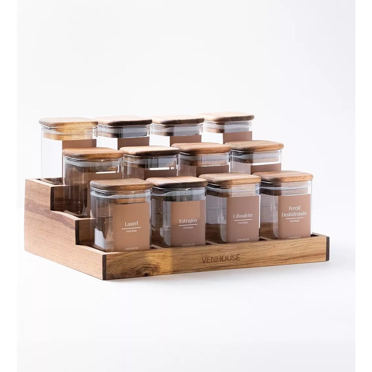 GENERICO - Especiero Cocina 12 Frascos Vidrio Acacia + Etiquetas Marrones