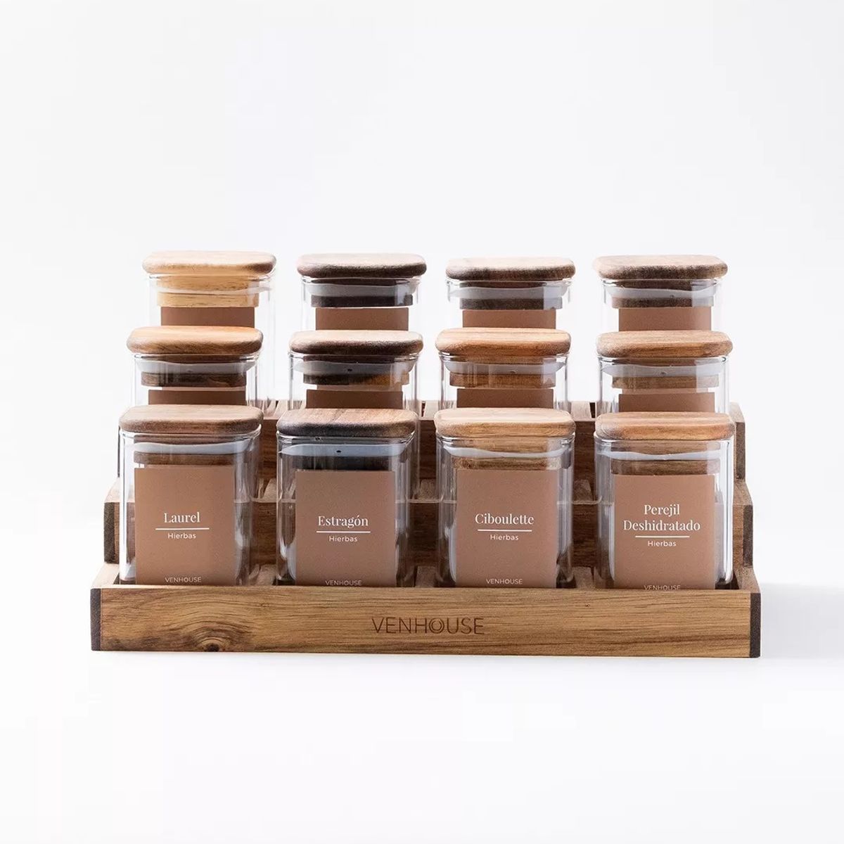GENERICO - Especiero Cocina 12 Frascos Vidrio Acacia + Etiquetas Marrones