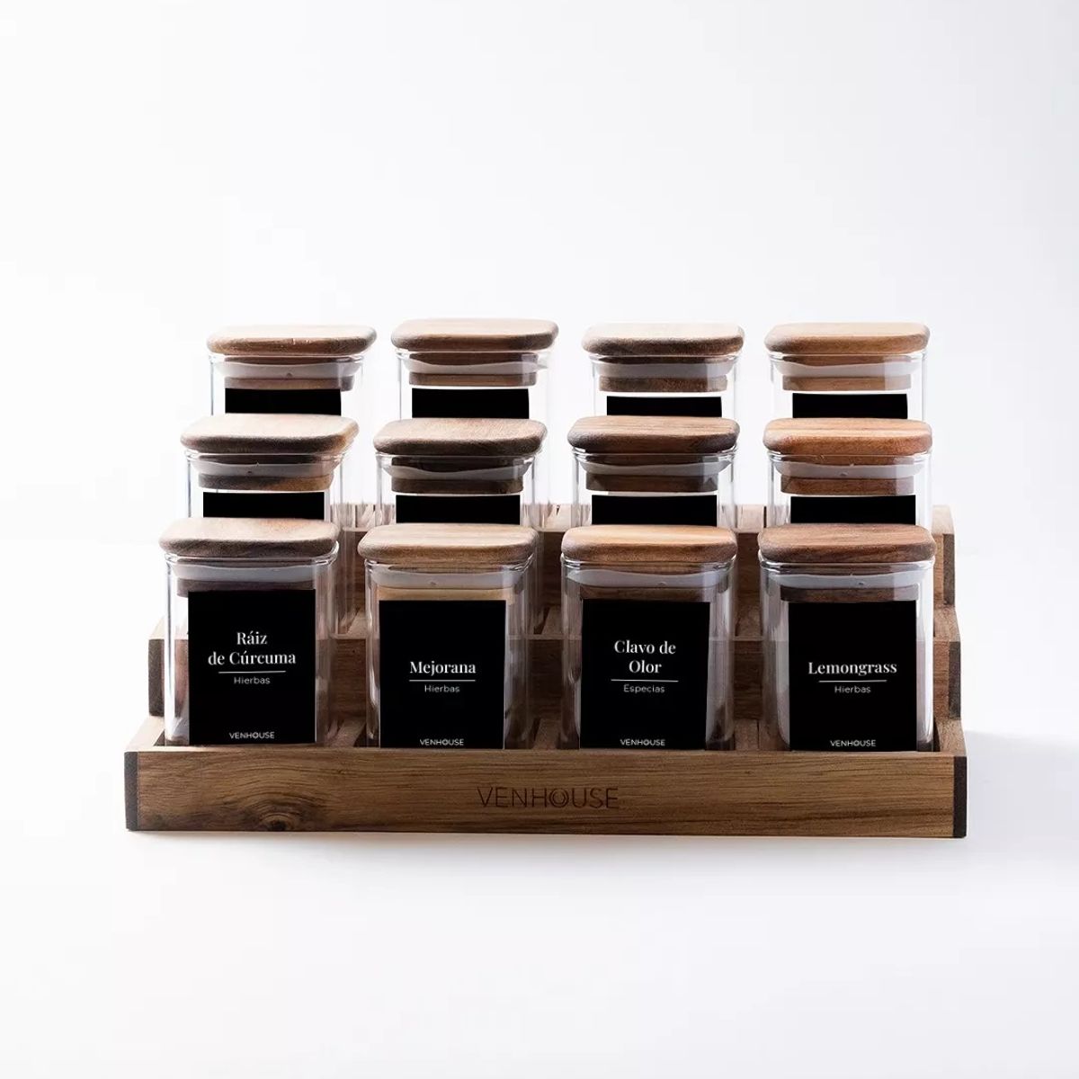 GENERICO - Especiero Cocina 12 Frascos Vidrio Acacia + Etiquetas Negras