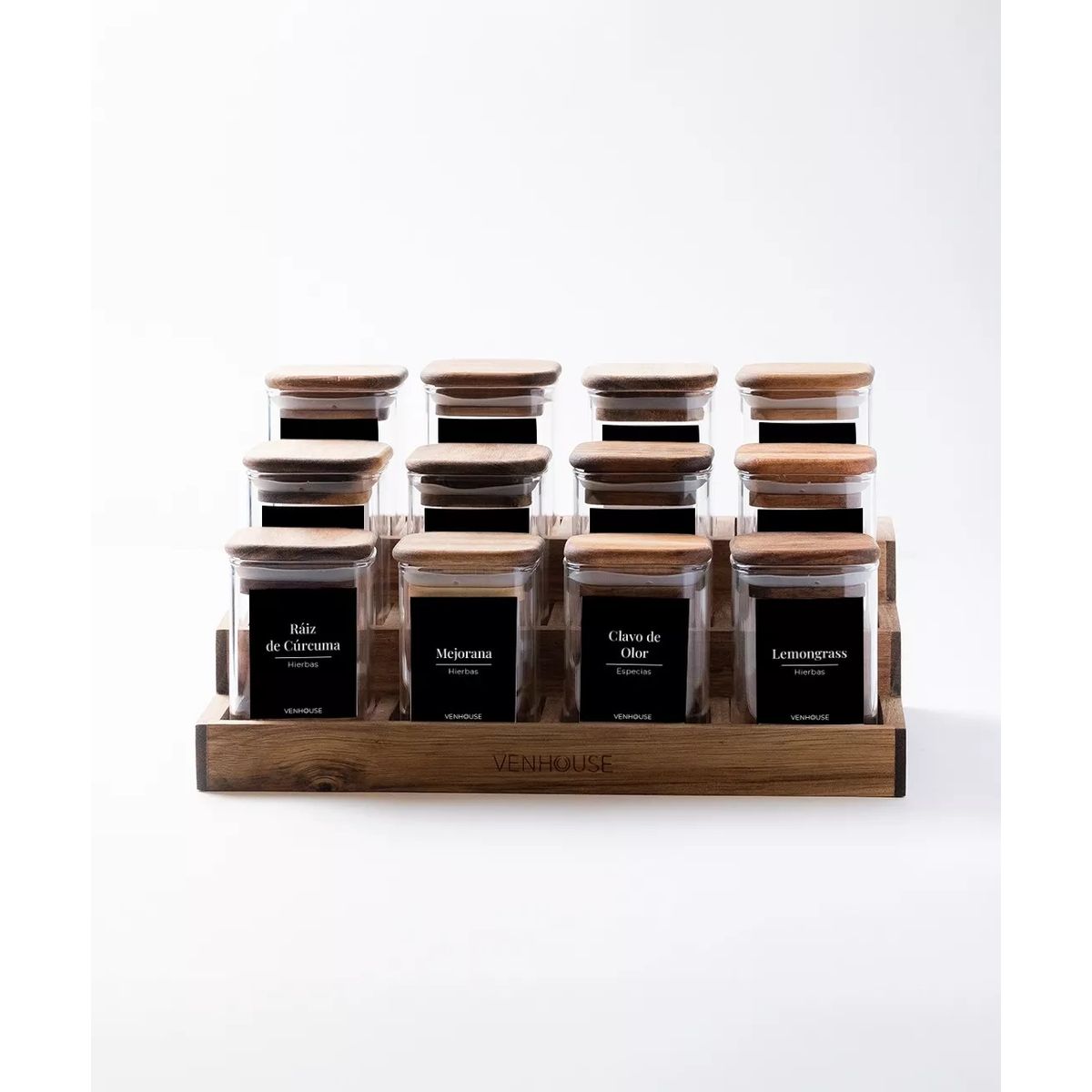 GENERICO - Especiero Cocina 12 Frascos Vidrio Acacia + Etiquetas Negras
