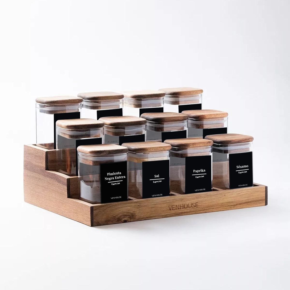 GENERICO - Especiero Cocina 12 Frascos Vidrio Acacia + Etiquetas Negras