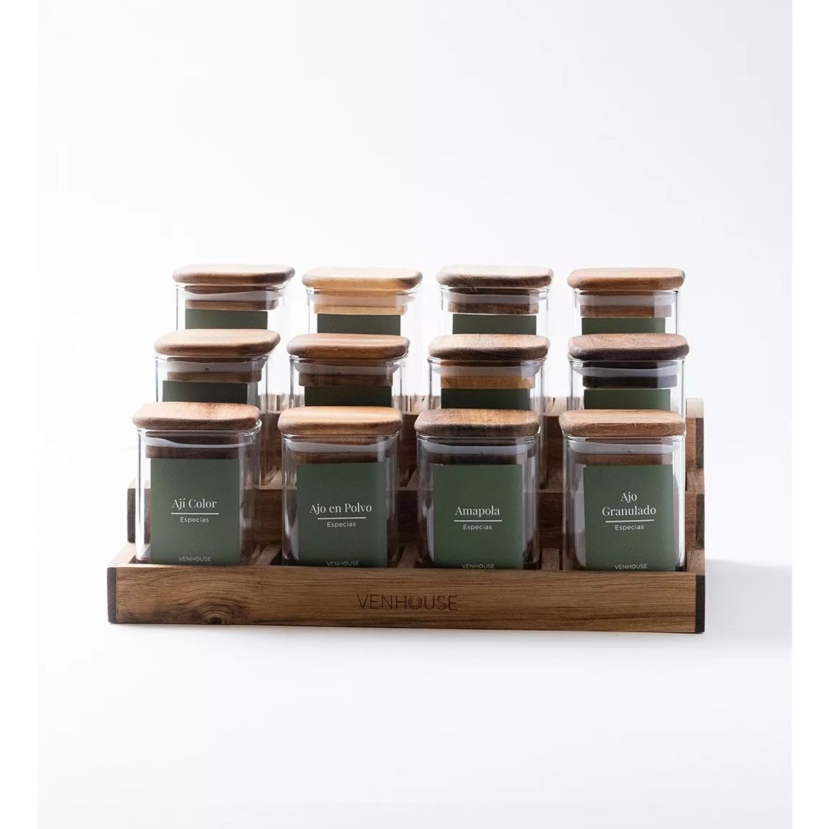GENERICO - Especiero Cocina 12 Frascos Vidrio Acacia + Etiquetas Verdes