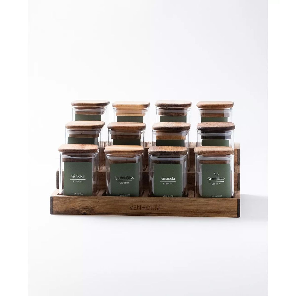GENERICO - Especiero Cocina 12 Frascos Vidrio Acacia + Etiquetas Verdes
