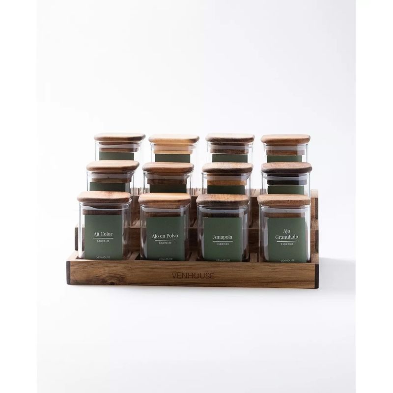 GENERICO - Especiero Cocina 12 Frascos Vidrio Acacia + Etiquetas Verdes