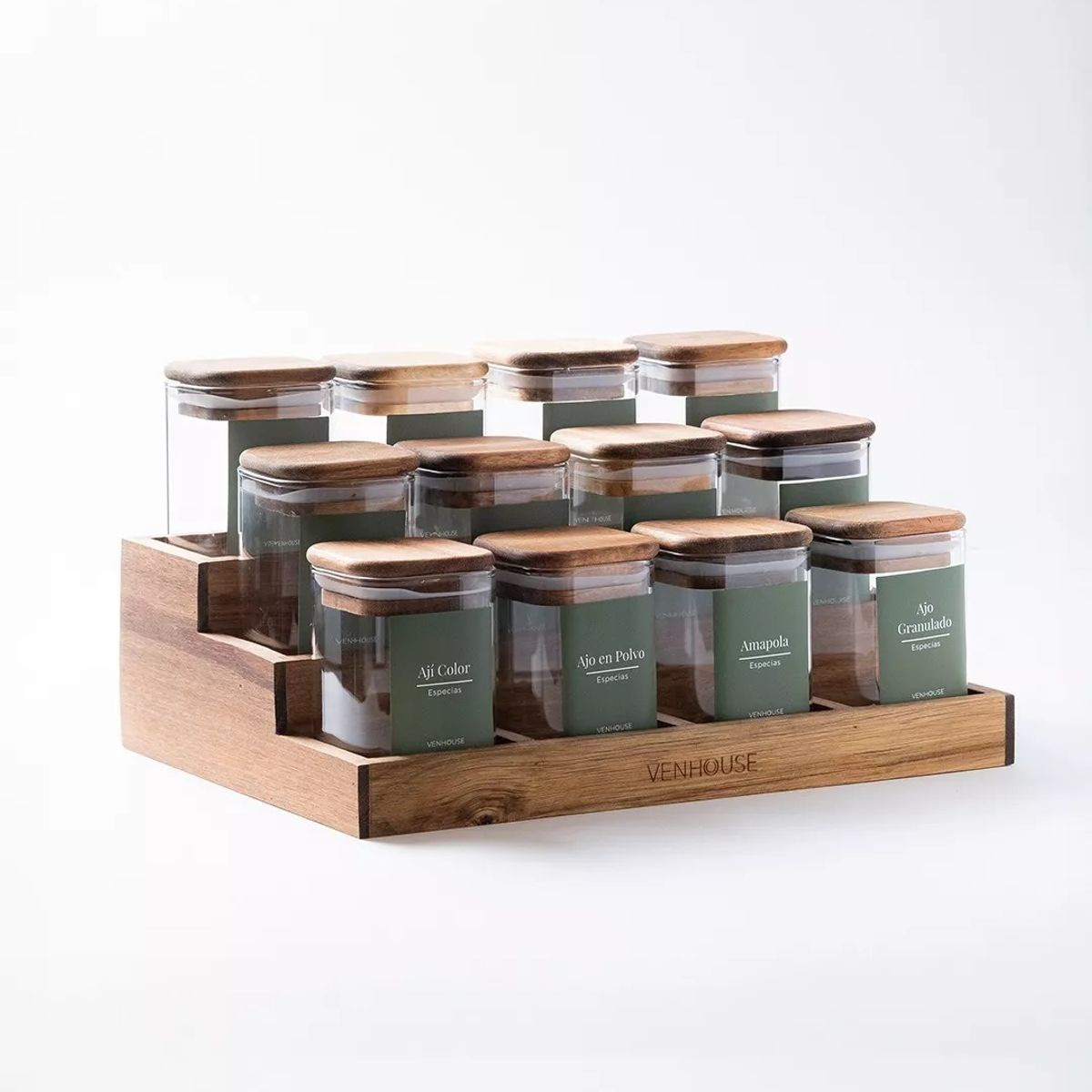 GENERICO - Especiero Cocina 12 Frascos Vidrio Acacia + Etiquetas Verdes
