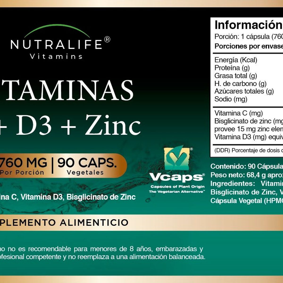 NUTRALIFE - Vitaminas C + D + Zinc Lf 180 Capsulas 2x90 Caps