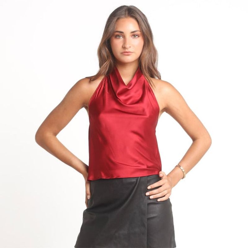 ME QUIERE MUCHO POQUITO NADA - Blusa Mujer Burdeo Halter Satín Espalda - Laura - MQM