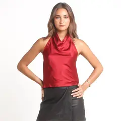 ME QUIERE MUCHO POQUITO NADA - Blusa Mujer Burdeo Halter Satín Espalda Descubierta - Laura - MQM