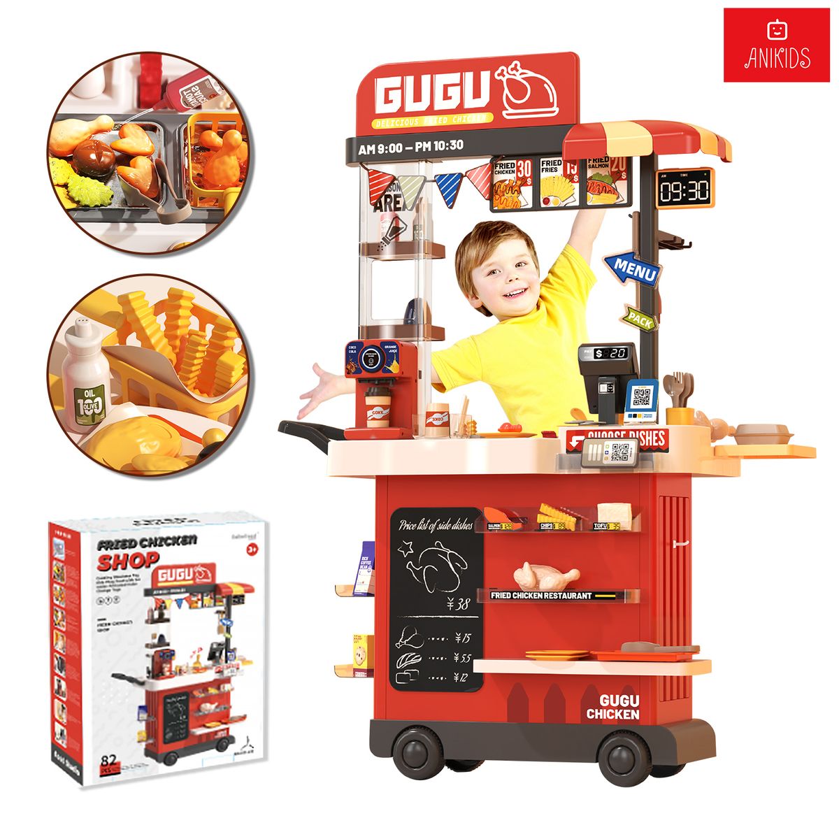 ANIKIDS - Cocina Juguete 82pcs Carrito Comida Magica Niños 102cm Rojo