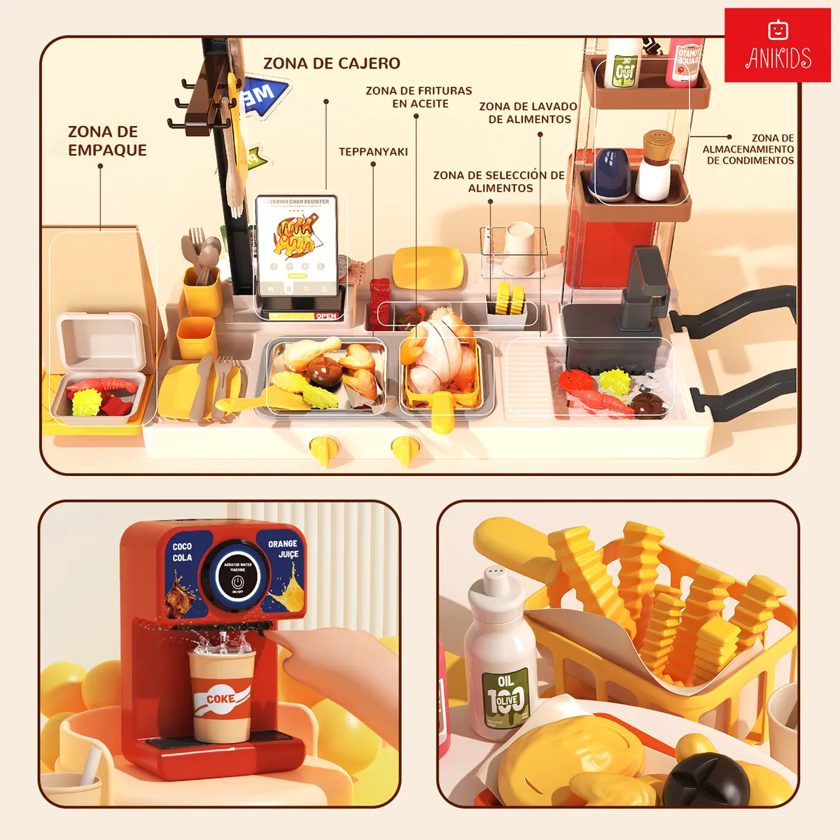 ANIKIDS - Cocina Juguete 82pcs Carrito Comida Magica Niños 102cm Rojo