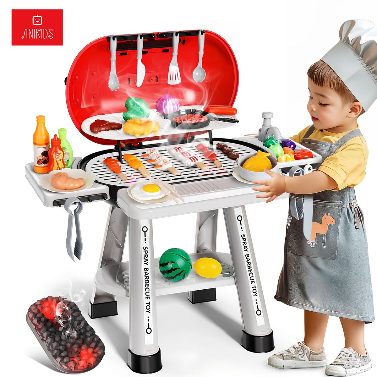 ANIKIDS - Cocina De Juguete Barbacoa Niños 68 Pcs Luz Vapor Sonido