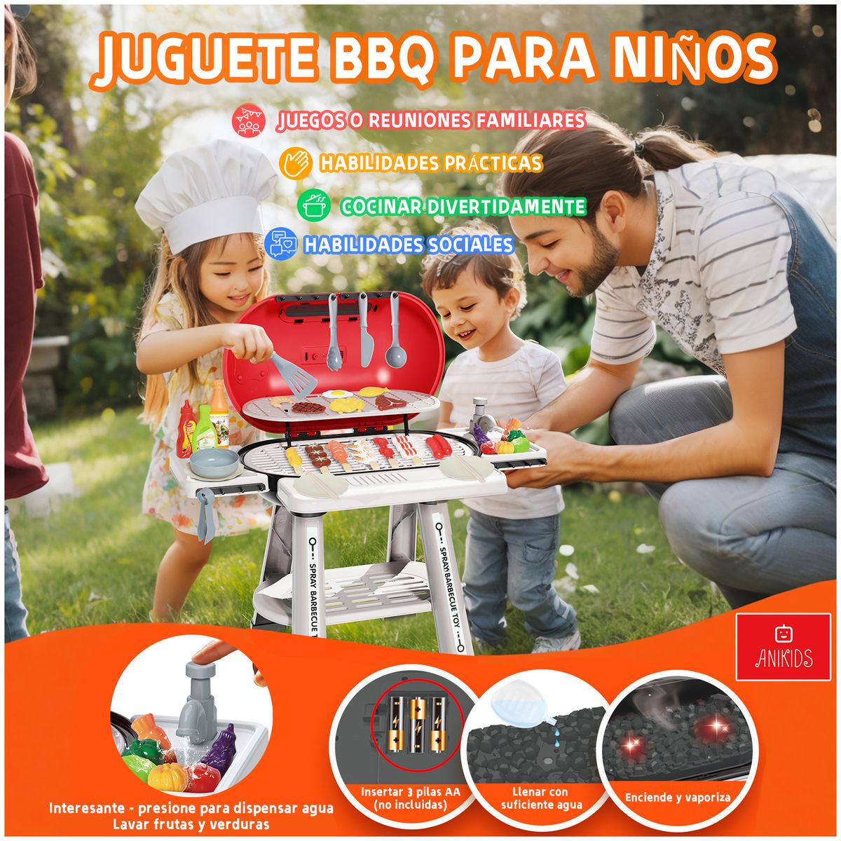 ANIKIDS - Cocina De Juguete Barbacoa Niños 68 Pcs Luz Vapor Sonido