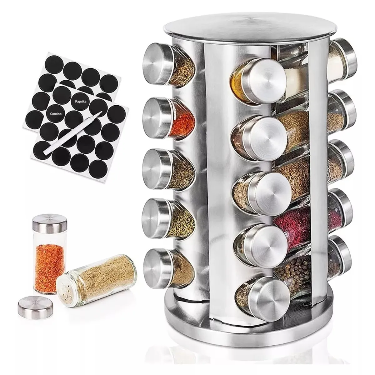 EVERSO - Condimenteros Especiero Giratorio Cocina 20 Frascos Color Plateado