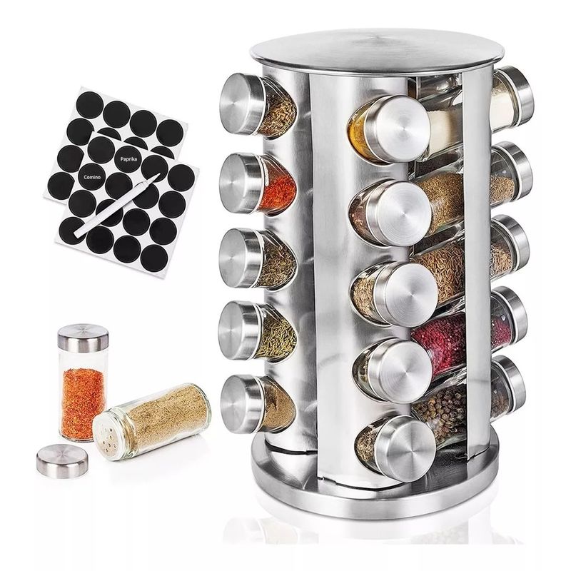 EVERSO - Condimenteros Especiero Giratorio Cocina 20 Frascos Color Plateado
