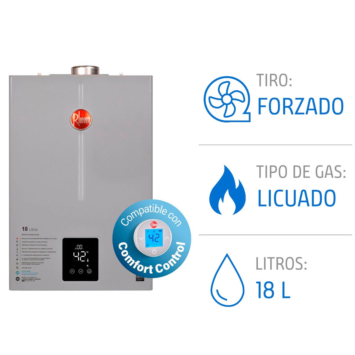 RHEEM - Calefont 18 L Gas Licuado T. Forzado Compatible con Control Digital Rheem