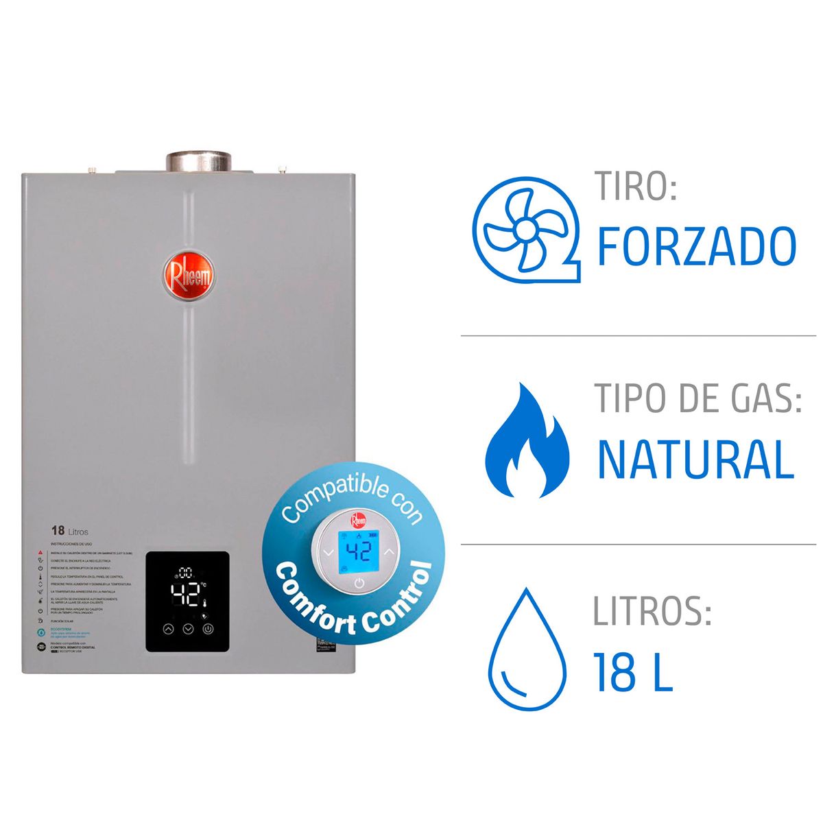 Calefont 18 L Gas Natural T. Forzado Compatible con Control Digital Rheem, marca RHEEM - Foto Principal