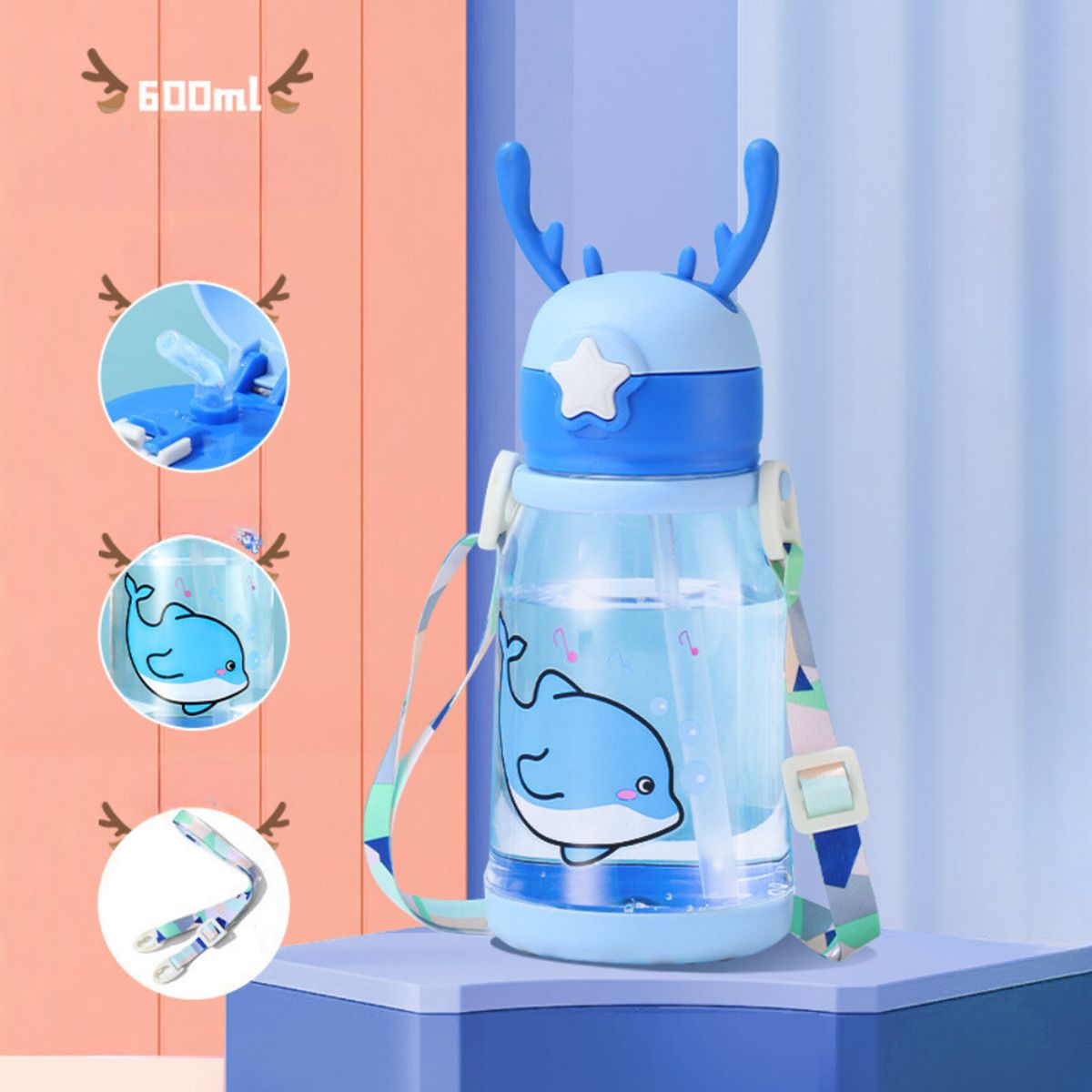 CRUSEC - Botella De Agua Para Niños Con Bombilla Kawaii Ciervo 600ml