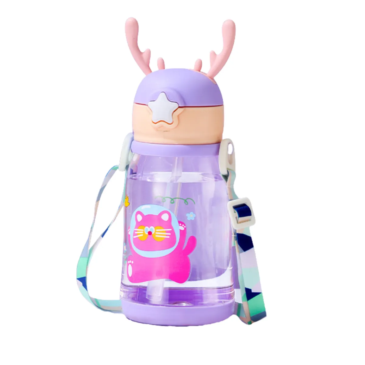 CRUSEC - Botella De Agua Para Niños Con Bombilla Kawaii Ciervo 600ml