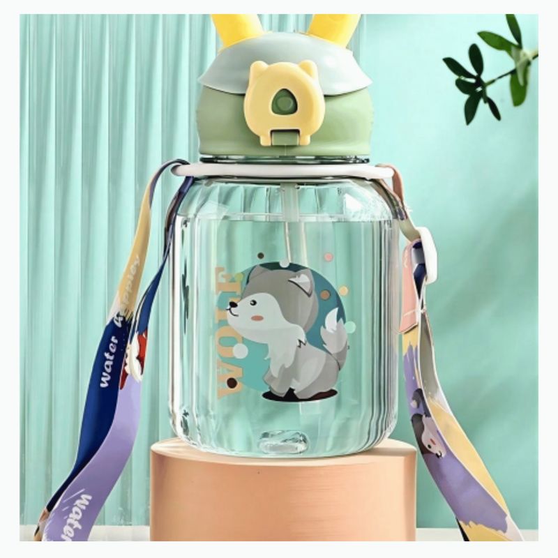 LINE - Botella De 600ML Con Bombilla Kawai Niños Con Correa Green