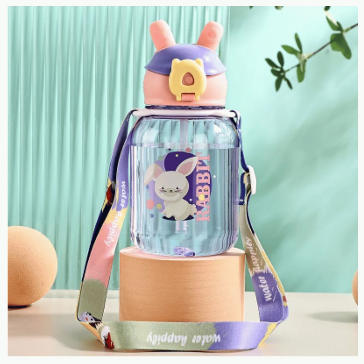 LINE - Botella De 600ML Con Bombilla Kawai Niños Con Correa Rabbit