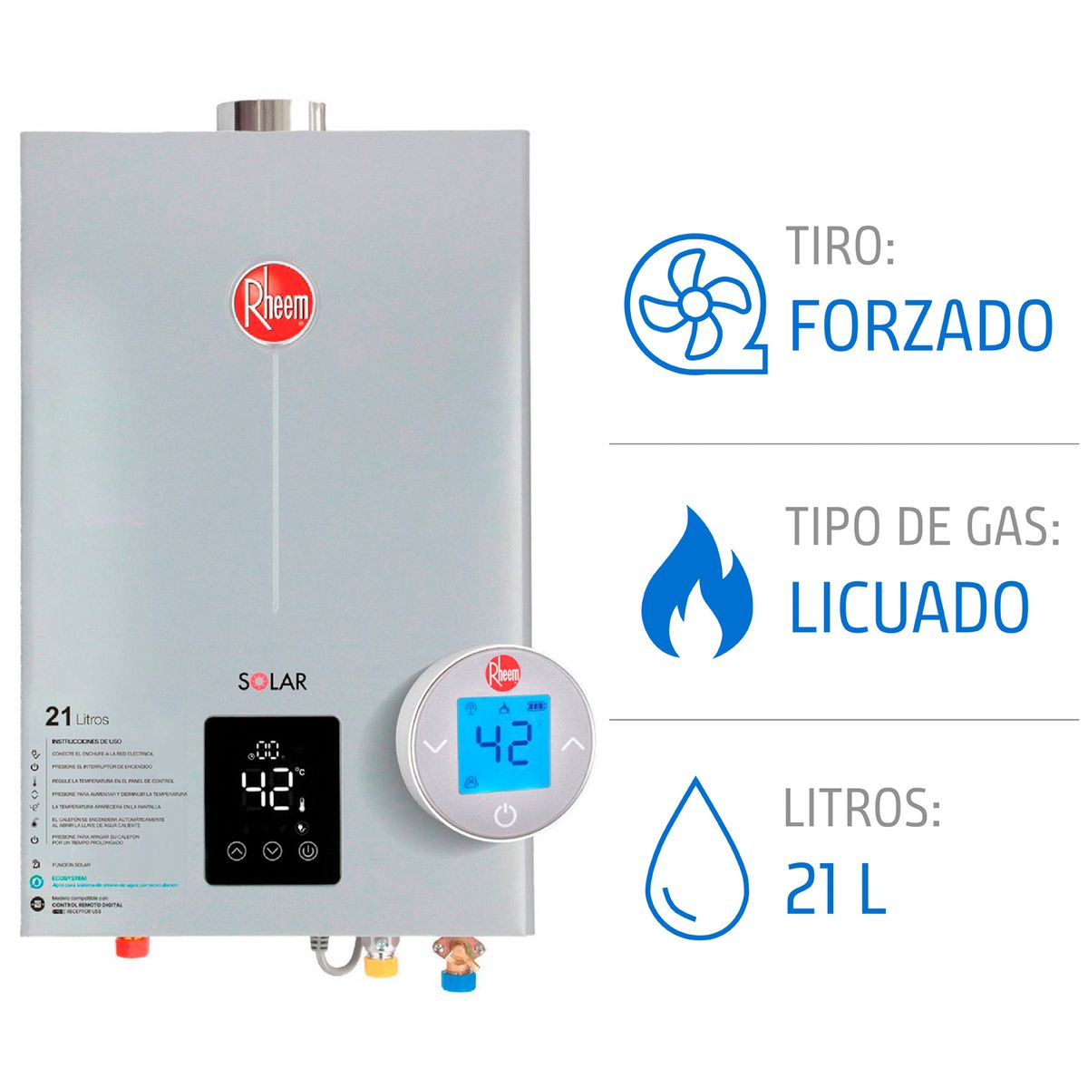 Calefont 21 L Gas Licuado T. Forzado + Control digital Rheem, marca RHEEM - Foto Principal