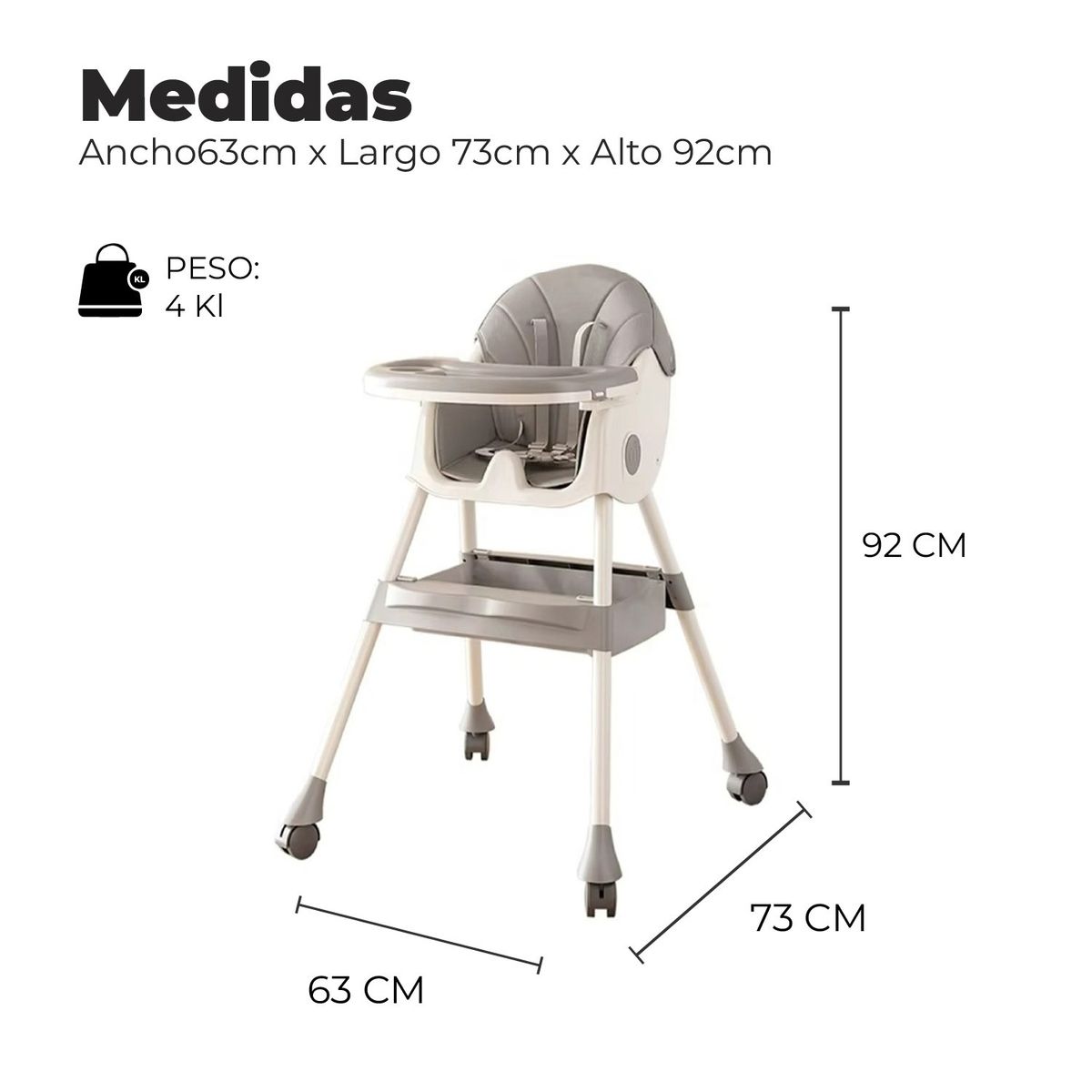 ALPHA - Silla Comer Bebe Doble Altura Safe Baby Entretenida Gris