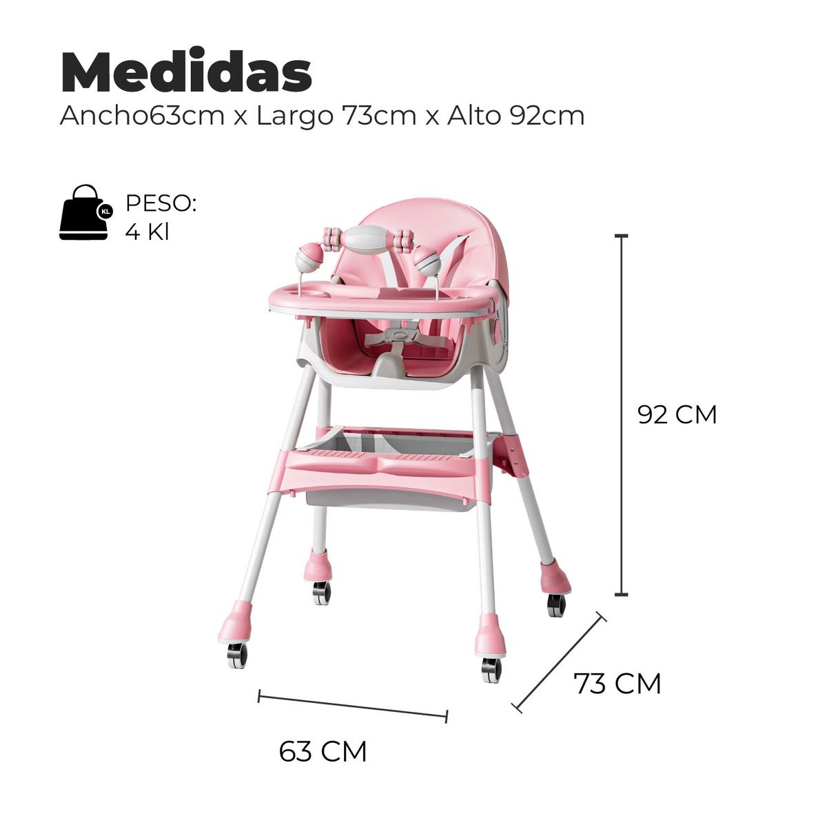 ALPHA - Silla Comer Bebe Doble Altura Safe Baby Entretenida Rosada