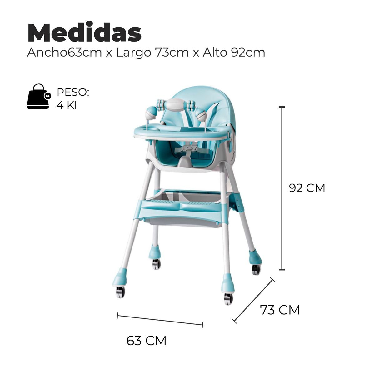 ALPHA - Silla Comer Bebe Doble Altura Safe Baby Entretenida Celeste