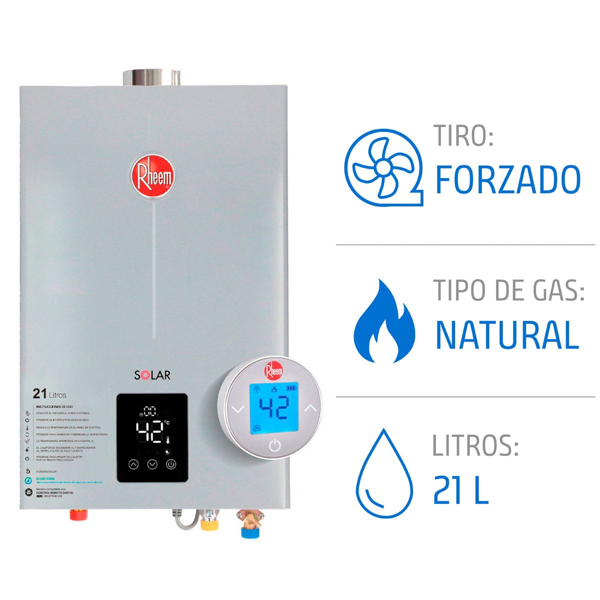 Calefont 21 L Gas Natural T. Forzado + Control digital Rheem, marca RHEEM - Foto Principal