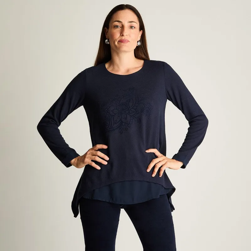CURVI - Polera Fabric Mix Lanilla Print Frontal Azul