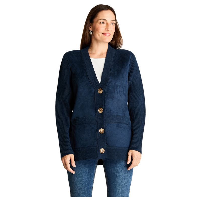 CURVI - Cardigan Mix Fabric Con Aplicación De Suede Bonded  Y Bolsillos Delanteros Azul