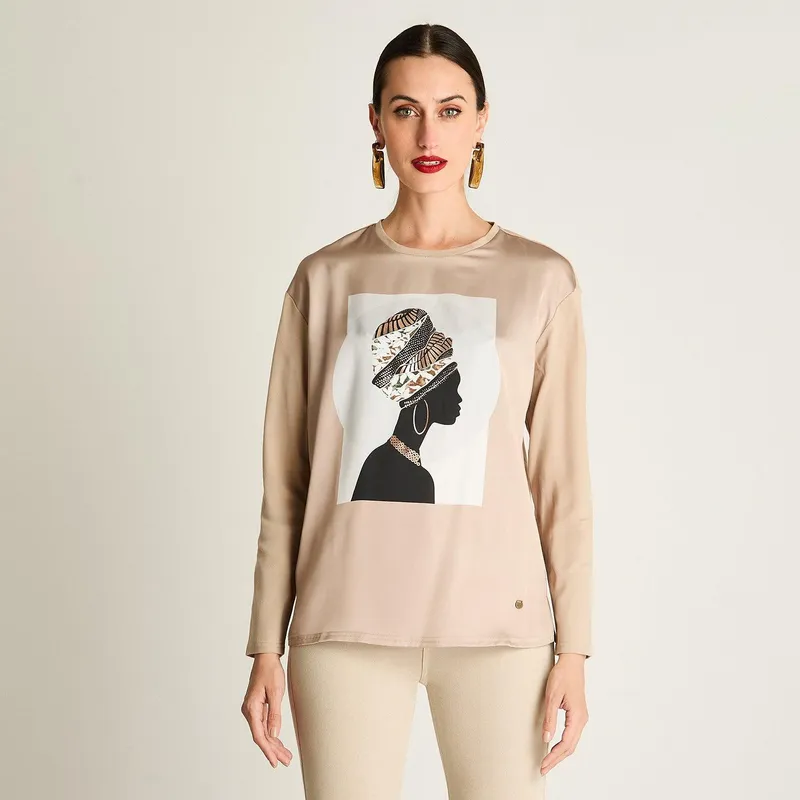 CURVI - Polera Fabric Mix Print Frontal Beige