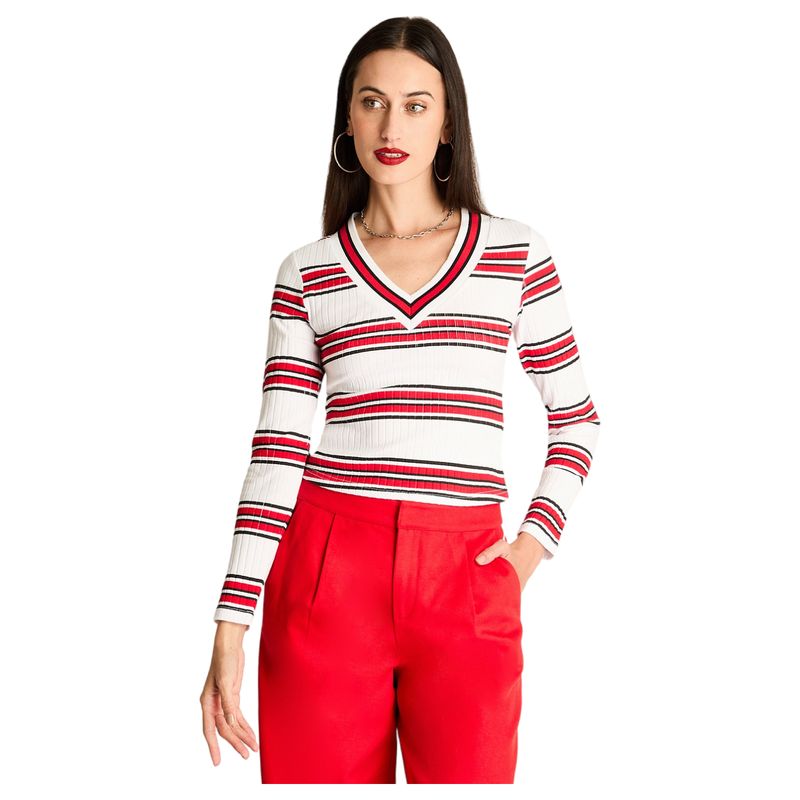 ACUARELA - Polera Cuello V Listada Blanco