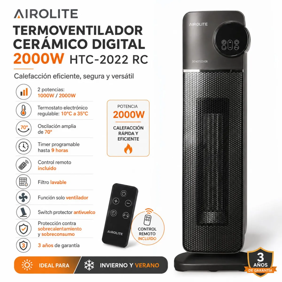 AIROLITE - Termoventilador Estufa Electrica calefactor Airolite Htc2022 Rc 2000w