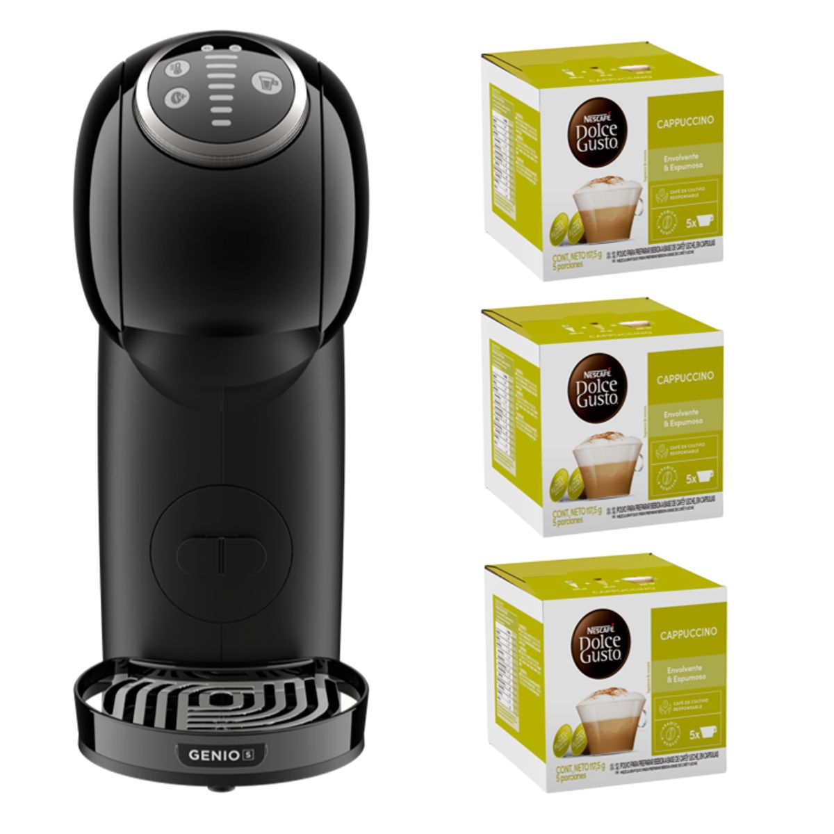DOLCE GUSTO - Cafetera Genio S Plus Black + Cápsulas Cappucino X3 Cajas