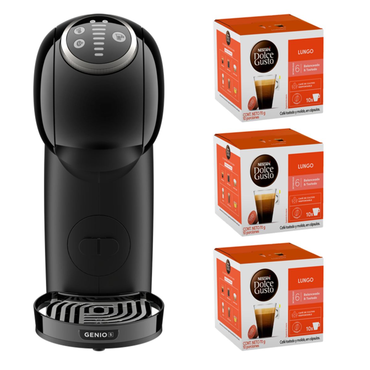 DOLCE GUSTO - Cafetera Genio S Plus Black + Cápsulas Lungo X3 Cajas