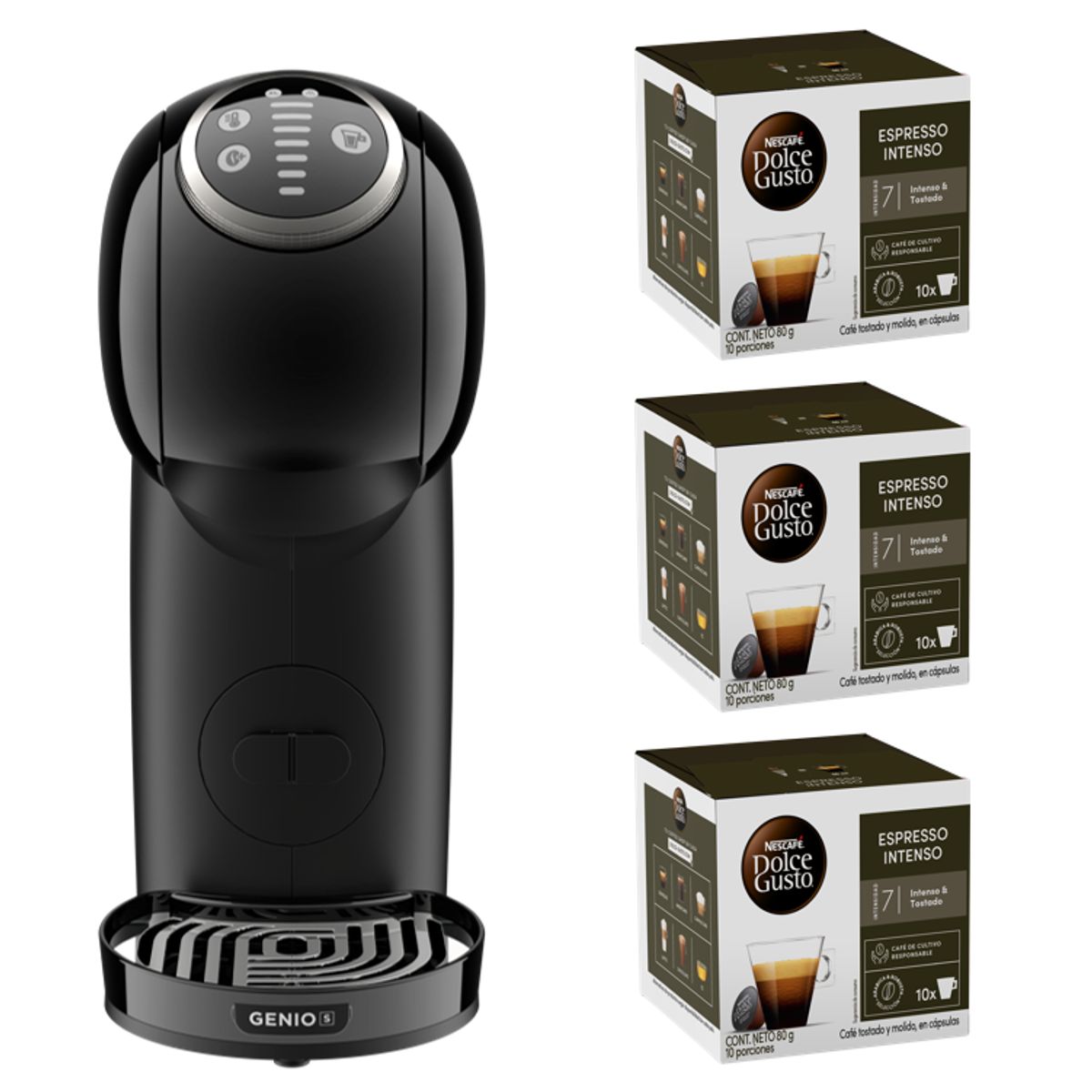 DOLCE GUSTO - Cafetera Genio S Plus Black + Cápsulas Espresso Intenso X3 Cajas
