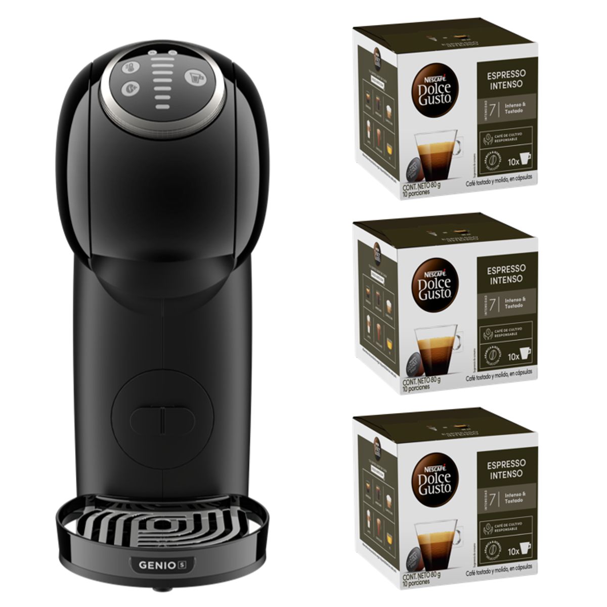 DOLCE GUSTO - Cafetera Genio S Plus Black + Cápsulas Espresso Intenso X3 Cajas