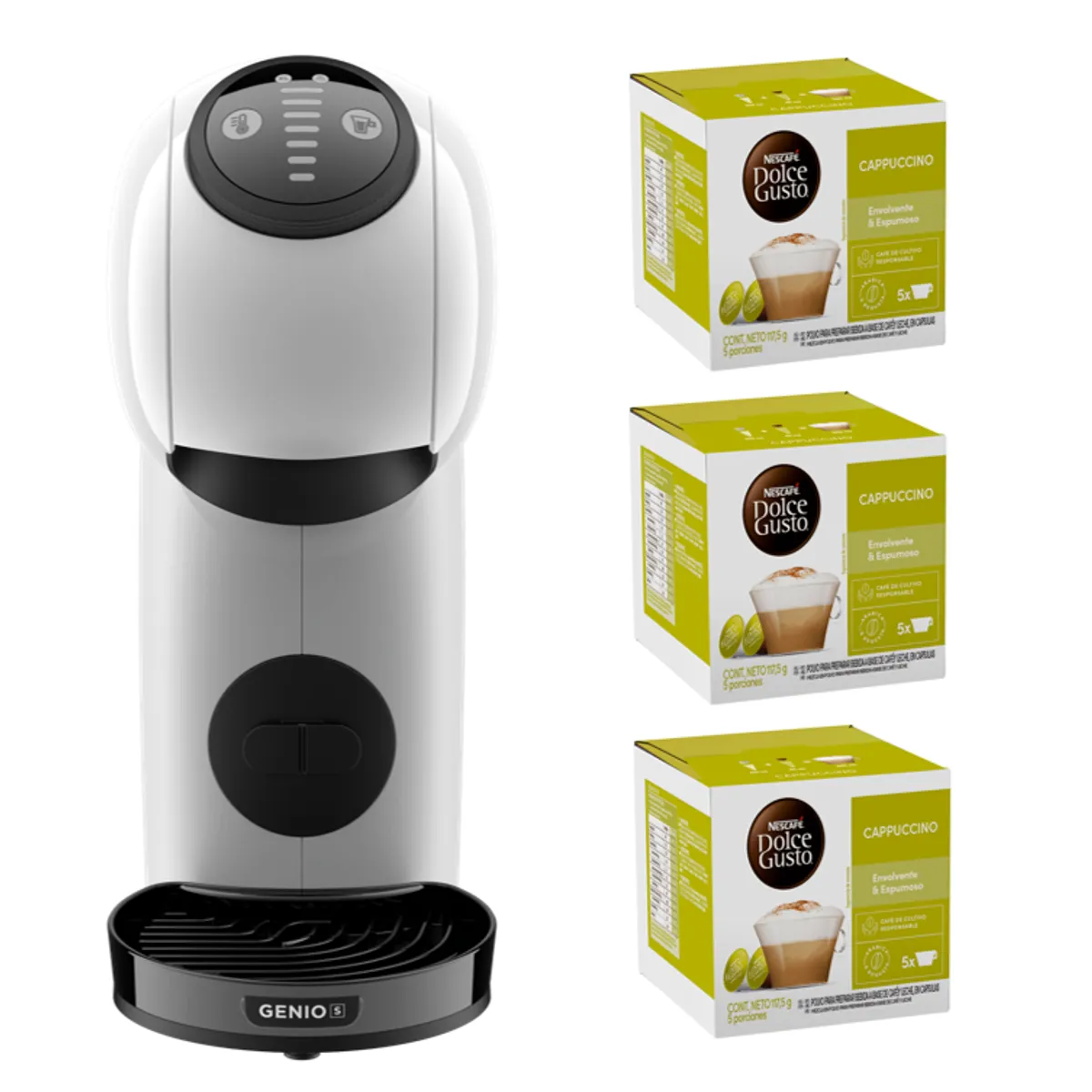 DOLCE GUSTO - Cafetera Genio S White + Cápsulas Cappucino X3 Cajas