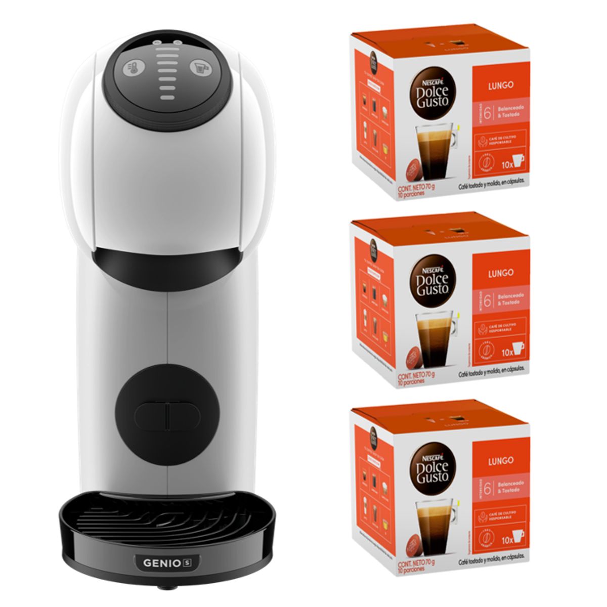 DOLCE GUSTO - Cafetera Genio S White + Cápsulas Lungo X3 Cajas