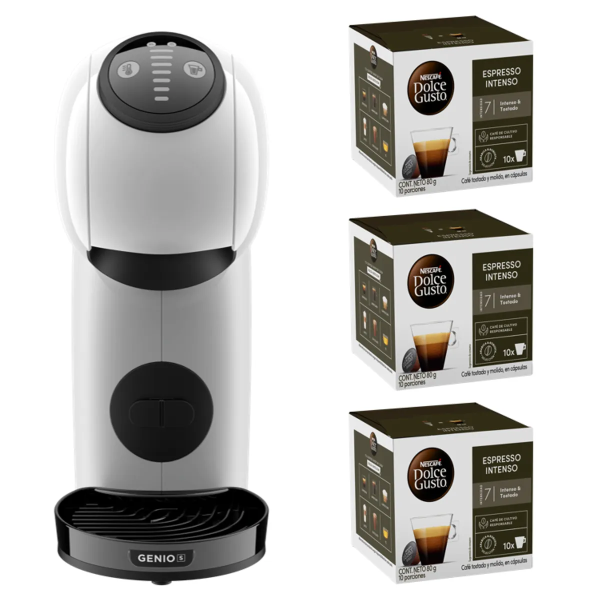 DOLCE GUSTO - Cafetera Genio S White + Cápsulas Espresso Intenso X3 Cajas