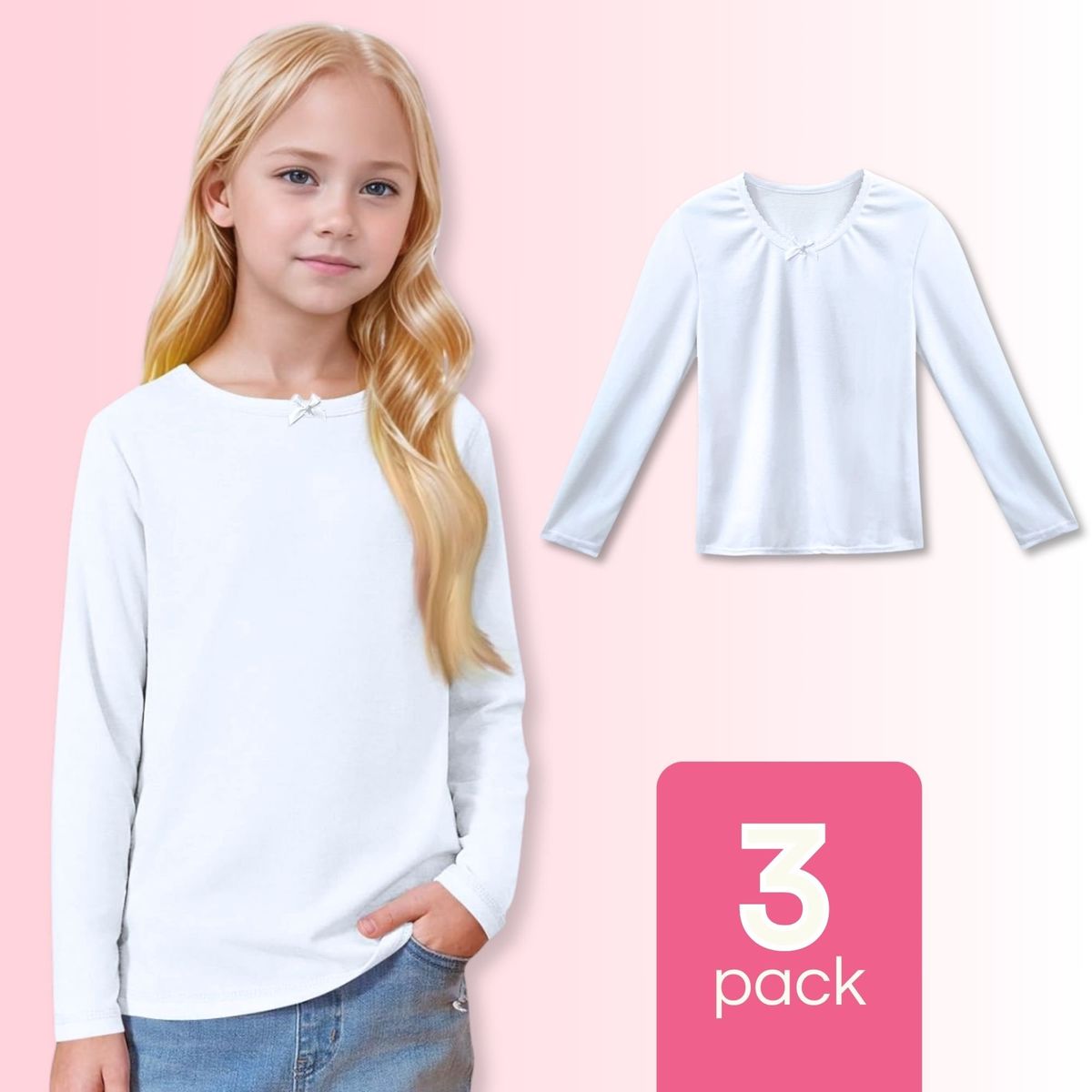 UTILISIMO - Pack 3 Camisetas Algodón Manga Larga Polera Niña Primera Capa Blanca