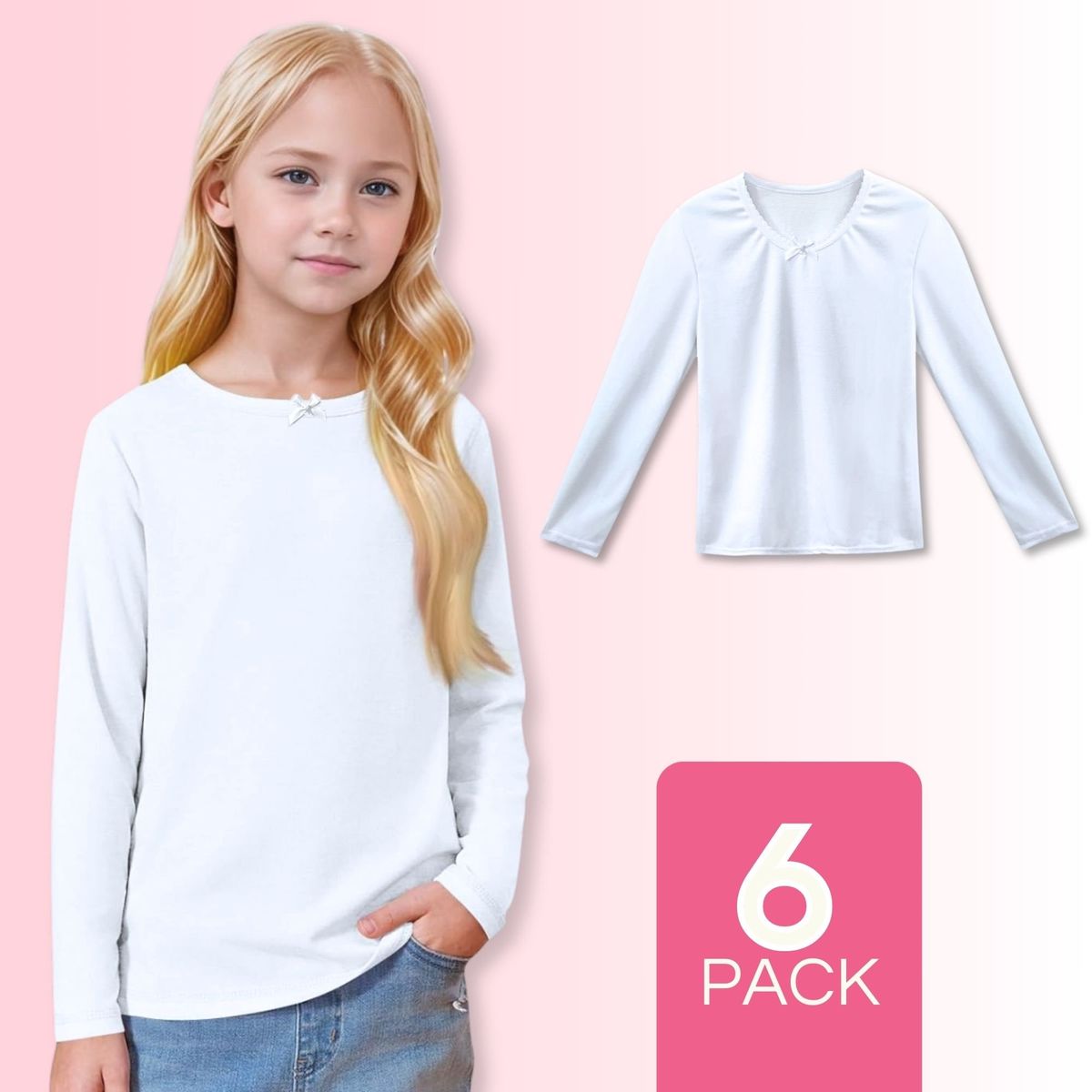 UTILISIMO - Pack 6 Camisetas Algodón Manga Larga Polera Niña Primera Capa Blanca