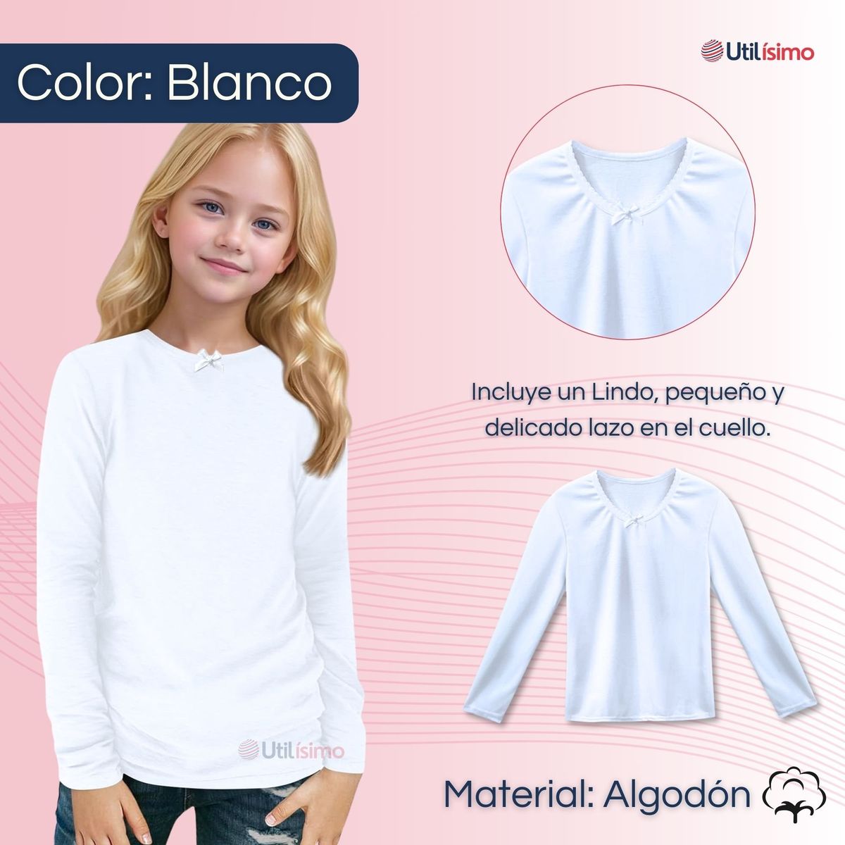 UTILISIMO - Pack 6 Camisetas Algodón Manga Larga Polera Niña Primera Capa Blanca
