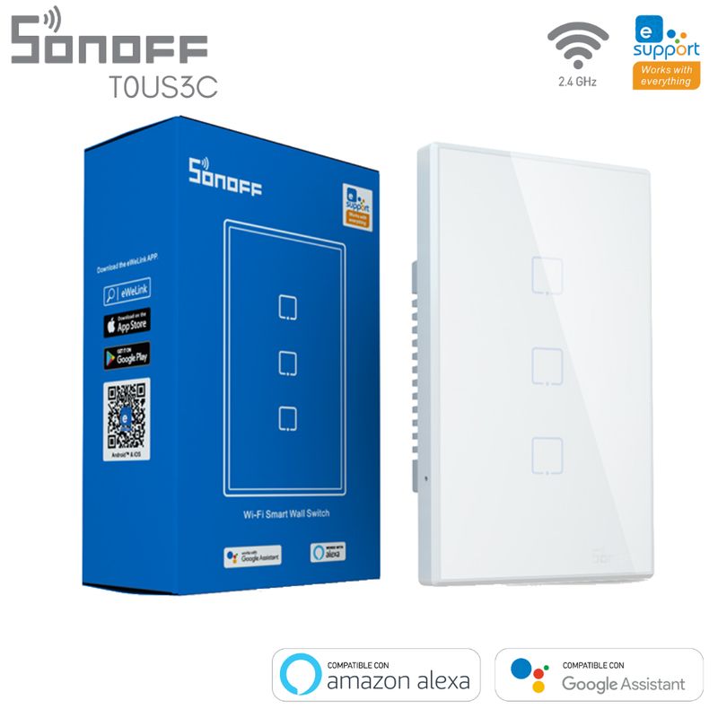 SONOFF - Interruptor de Pared Inteligente 3 Canales WIFI SONOFF T0US3C