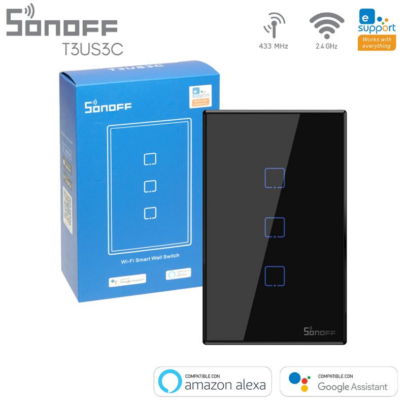 SONOFF - Interruptor de Pared Inteligente 3 Canales WIFI+RF SONOFF T3US3C