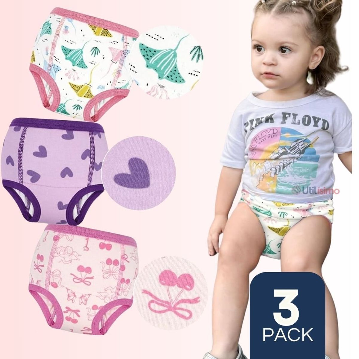 UTILISIMO - Pack 3 Calzón Pantys Niña Entrenamiento Algodón Absorbente Elástica