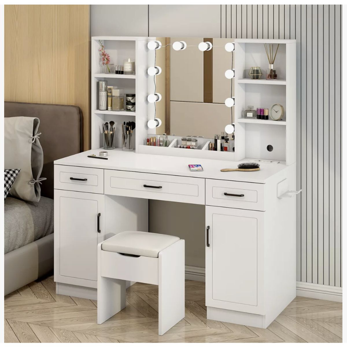 HOMER DESIGN - Tocador Con Espejo tipo Hollywood con Taburete y Enchufe Portasecadora