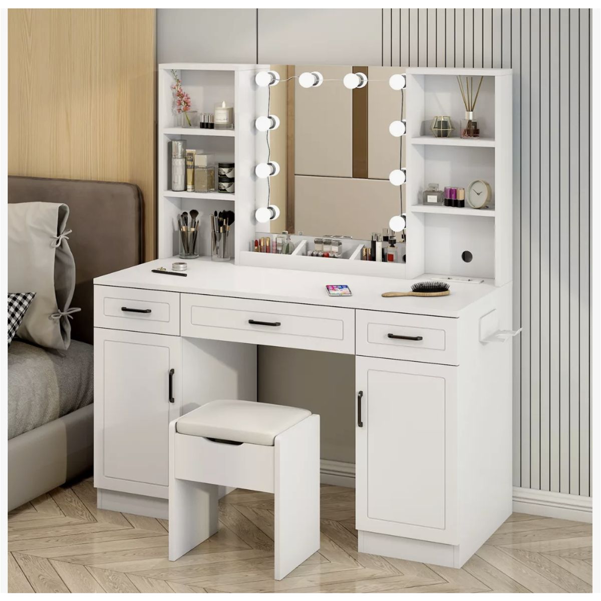 HOMER DESIGN - Tocador Con Espejo tipo Hollywood con Taburete y Enchufe Portasecadora